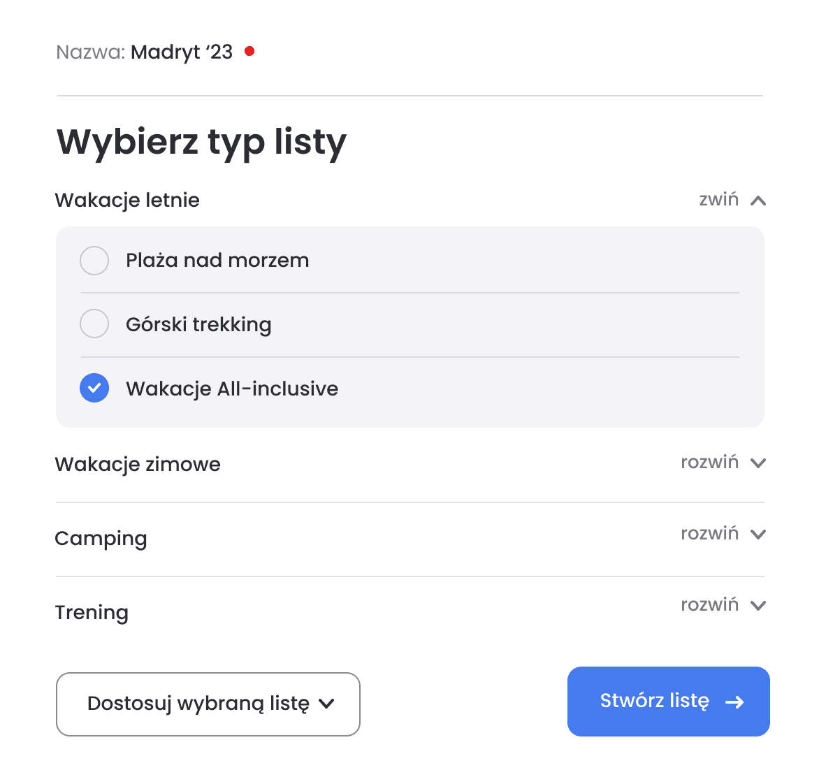 Twórz listy z gotowych propozycji